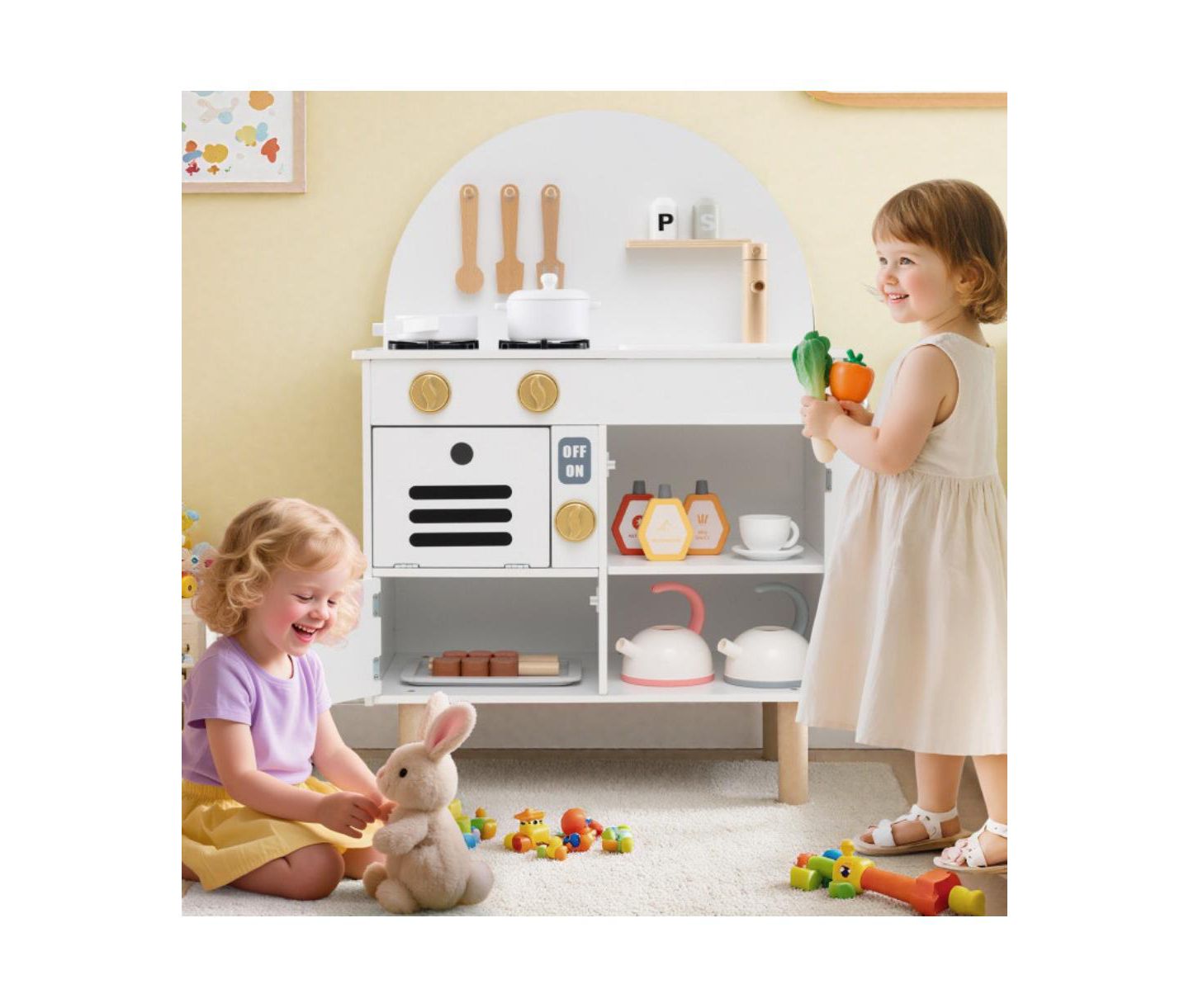 Детская игрушка HONGGE Wooden Play Kitchen with Stove, Sink, Microwave, and Oven, Ages 3+, цвет: Белый — фото 8