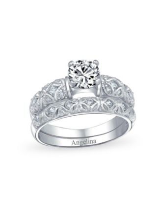European Style 1CT Round CZ Cubic Zirconia Solitaire Promise Ring Set with Filigree Band in Sterling Silver