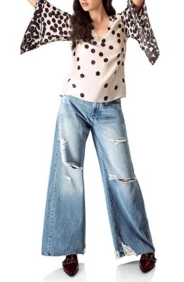 Women's Polka Dot V-Neck Blouse with Wide Sleeves