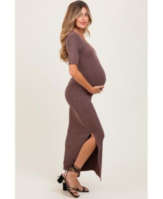 Maternity Brown Ruched Short Sleeve Side Slit Midi Dress