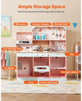 Wooden Play Kitchen for Kids, Toy Kitchen Set with Lights, Sounds, Ice Maker, Oven, Sink, Microwave, Fridge & Utensils, White