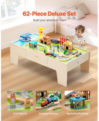 Train Table, 62 PCS Wooden Activity Table with Large Drawer, 3-in-1 Train Set for Playing, Drawing & Reading, Toy for Kids 3