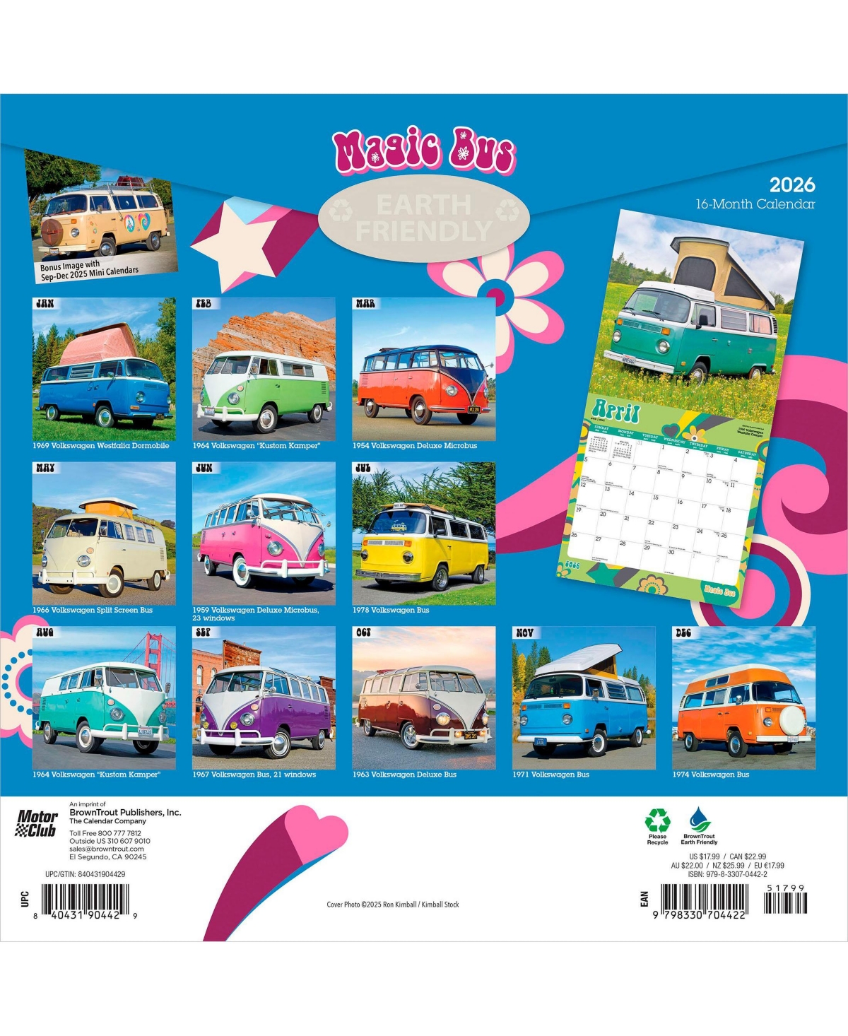 BrownTrout Magic Bus | 2026 12 x 24 Inch (Hanging) Monthly Square Wall Calendar | Plastic-Free.