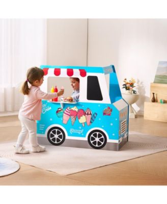 Ice Cream Cart for Kids, 20+ PCS Wooden Playset with Steering Wheel, Chalkboard, Scanner, Faucet & Freezer, Pretend Toy for 3-7