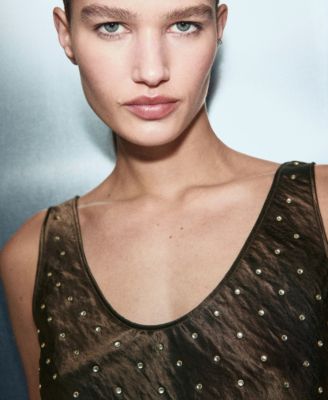 Women's Crystals Satin Crinkled-Effect Top