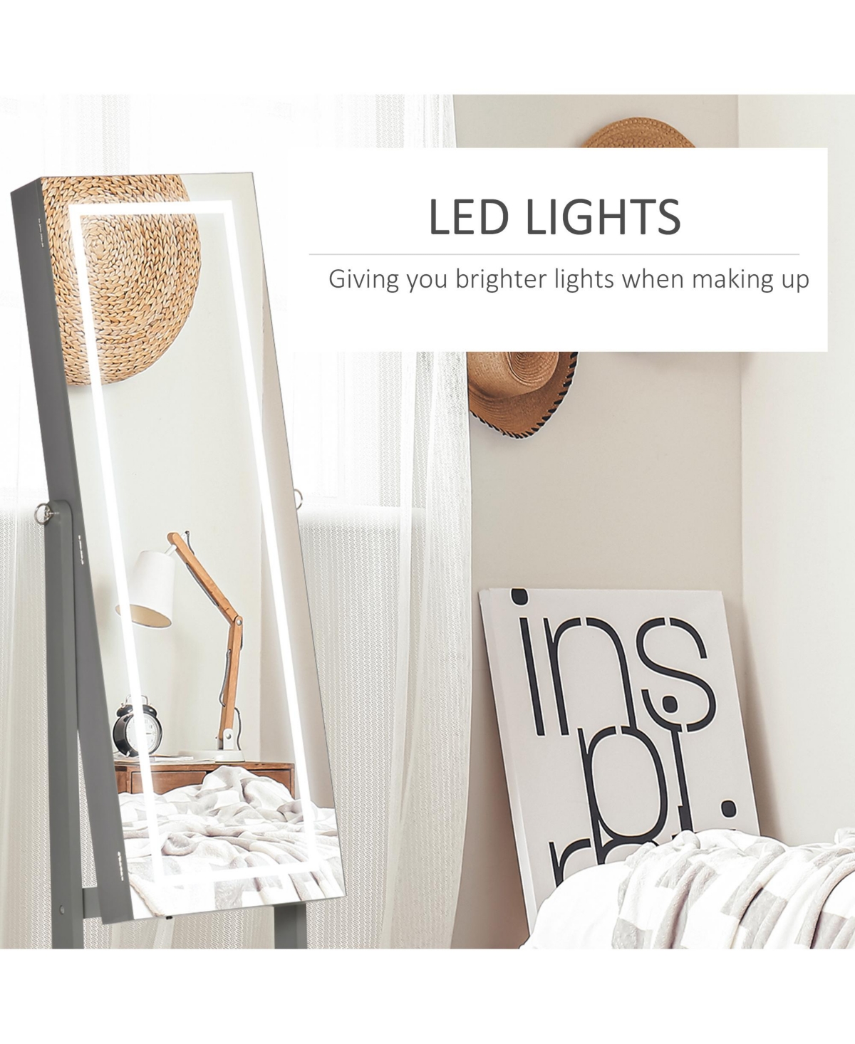 Full Body Mirro Jewelry Cabinet w/ Led Lights & 5-Tier Storage Shelves