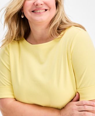 Plus Size Boat-Neck Elbow Sleeve Cotton Top