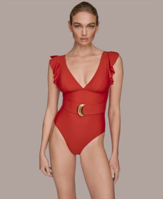 Donna Karan Women's Belted Flutter-Sleeve One-Piece Swimsuit