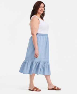 Plus Size Cotton Chambray Pintucked Pull-On Skirt, Macy's Exclusive