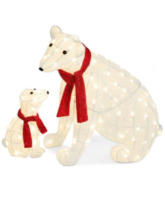 Large Lighted Polar Bear Family w/ 145 Pre-Strung LED Lights, Zip Ties, Ground Stakes - Red/White