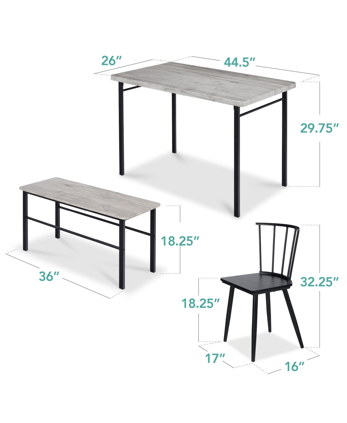 Best Choice Products 4-Piece Dining Kitchen Table Set w/ 2 Spindle-Back Chairs, Bench