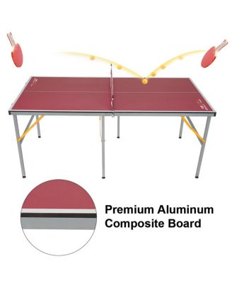 6FT Foldable Red MDF Ping Pong Table, Portable Table Tennis Table for Indoor Outdoor, Ping Pong Table Set with Net Paddles Balls