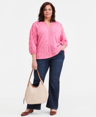 Plus Size Solid Split-Neck Eyelet Top