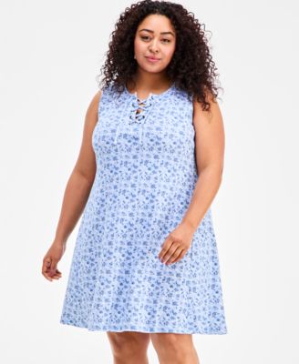 Plus Size Floral-Print Lace-Up Dress