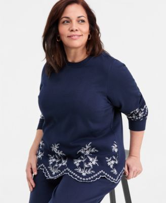 Style & Co Plus Size Long-Sleeve Scalloped Eyelet Crewneck Sweatshirt