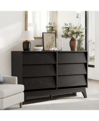 Fluted 6-Drawer Dresser With Faux Marble Top, Modern Curved TV Stand，Sturdy Storage Cabinet for TVs Up to 55"