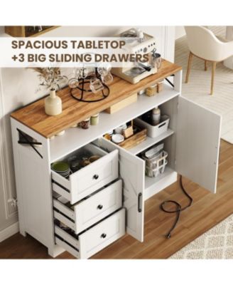 47.2" Buffet Cabinet with Power Outlet, 3 Drawers & 2 Barn Doors, Modern Farmhouse Sideboard Storage forLiving Room, Coffee Bar, Black