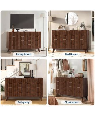 54" Wide 9 Drawer Dresser,Wooden Chest of Drawers with Fluted Wave Pattern, Metal Handles, Modern TV Stand Dresser with Curved Profile