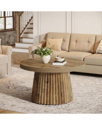 Round Coffee Table, 31.5" Modern Circle Center Table with Fluted Drum Base and Wood Grain Finish