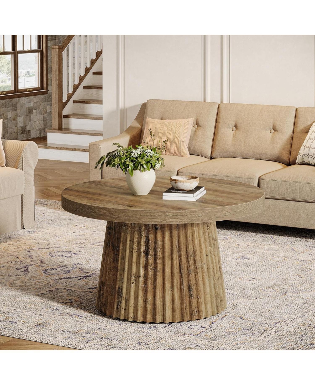 Tribesigns Round Coffee Table, 31.5" Modern Circle Center Table with Fluted Drum Base and Wood Grain Finish