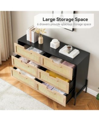 6-Drawer Rattan Dresser, Natural Woven Fronts with Solid Metal Legs