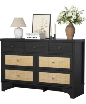 47.3" Wide 7-Drawer Bedroom Dresser, Modern Wood Chest with Natural Rattan Drawers for Living Room, Hallway, or Entryway
