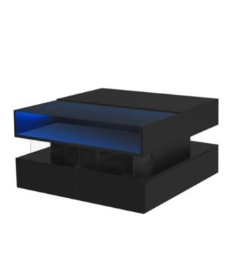 Lift-Top Coffee Table w/ Drawers Glass Top & LED