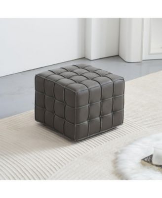 Streamdale Genuine Leather Tufted Ottoman, Footstool for Living Room & Bedroom, Grey
