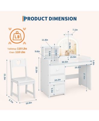 Kids Vanity Desk with Mirror and Lights, Wooden Makeup Vanity with Chair, Storage Shelves and Drawers, 2-in-1 Girls Dressing Table