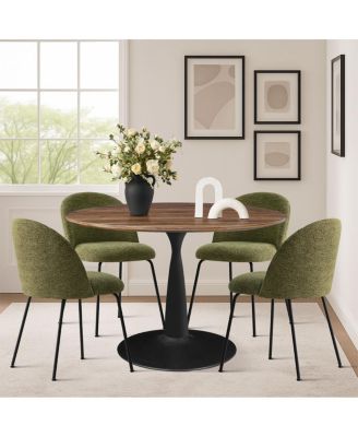 5-Piece Modern Dining Set with Upholstered Chairs and Round Walnut Table, Black Metal Base, Space-Saving Kitchen Set for 4
