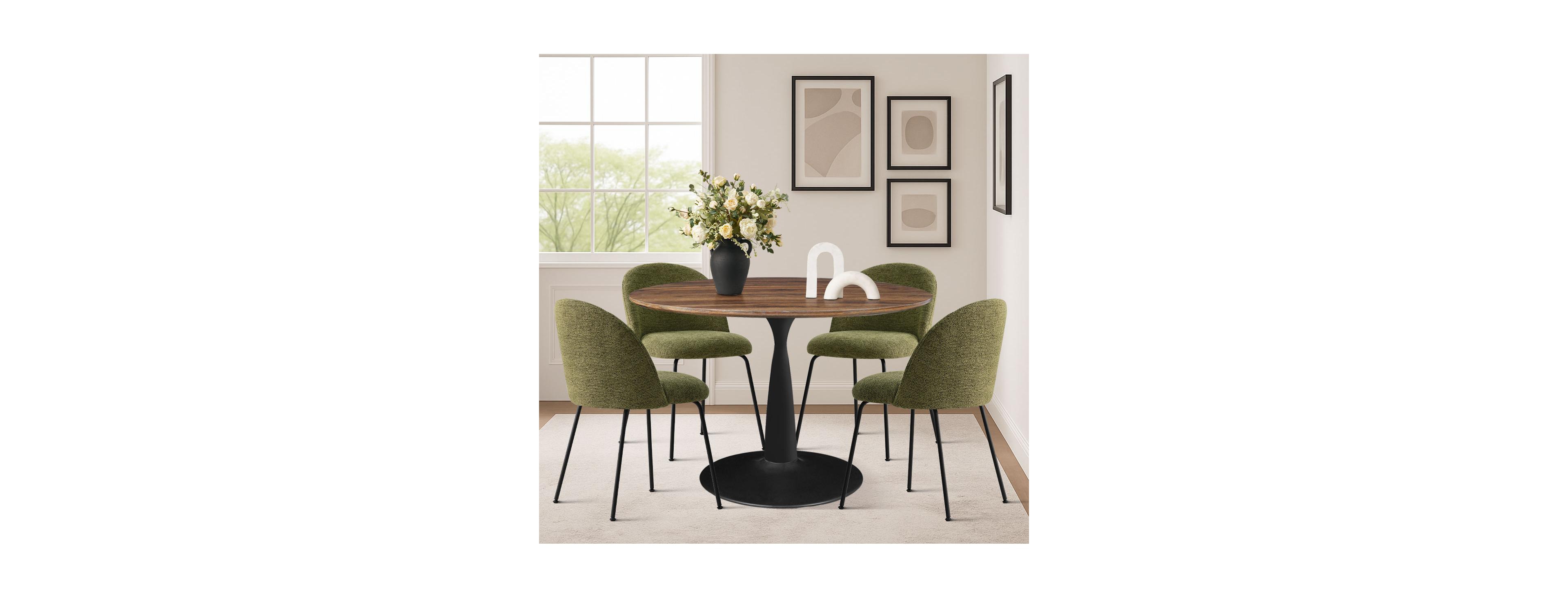 Maison Boucle 5-Piece Dining Set - Round Walnut Table & 4 Upholstered Chairs, Black Metal Base