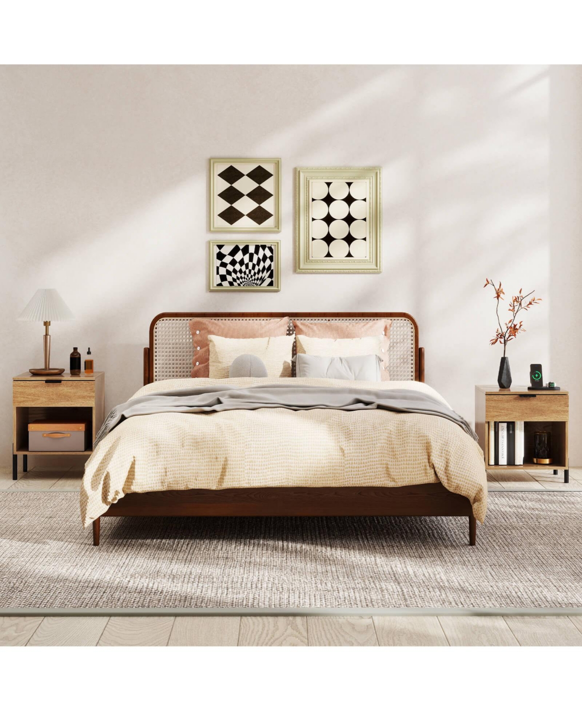 1PC Nightstand with Charging Station Drawer Compartment Modern Side End Table