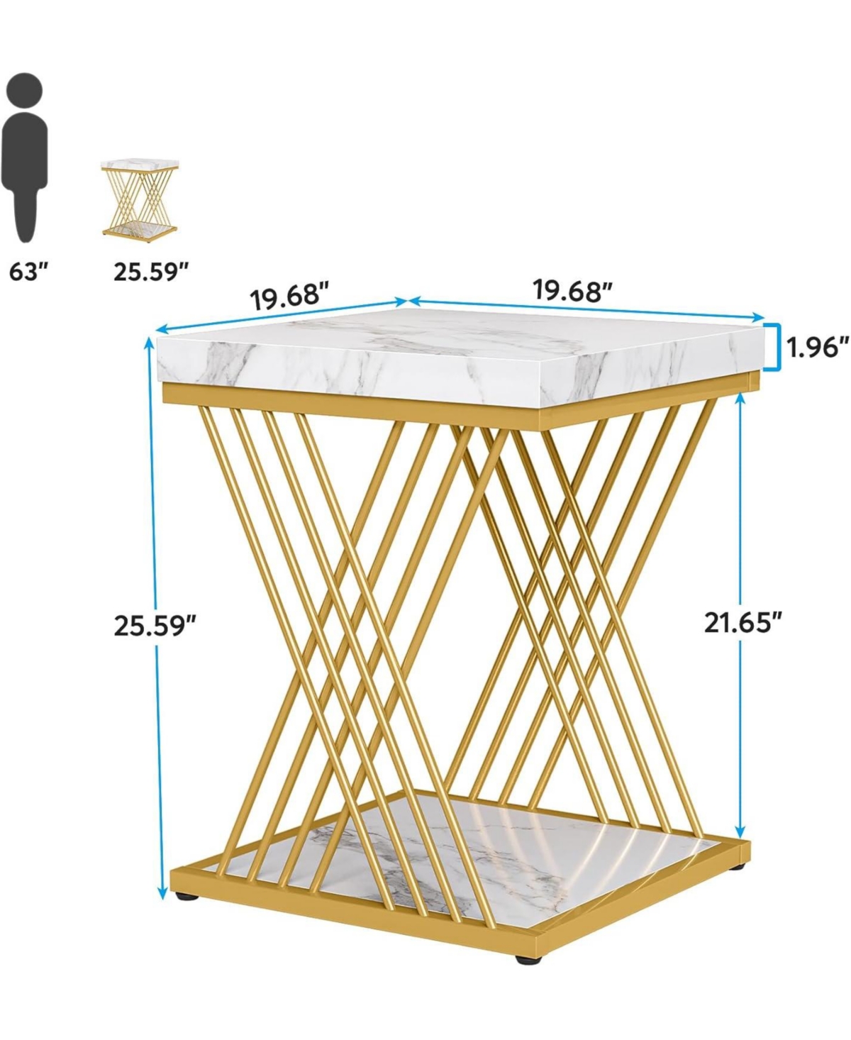 Tribesigns Square End Table White Gold 2-Tier Side Table (2, Faux Marble White+Gold)