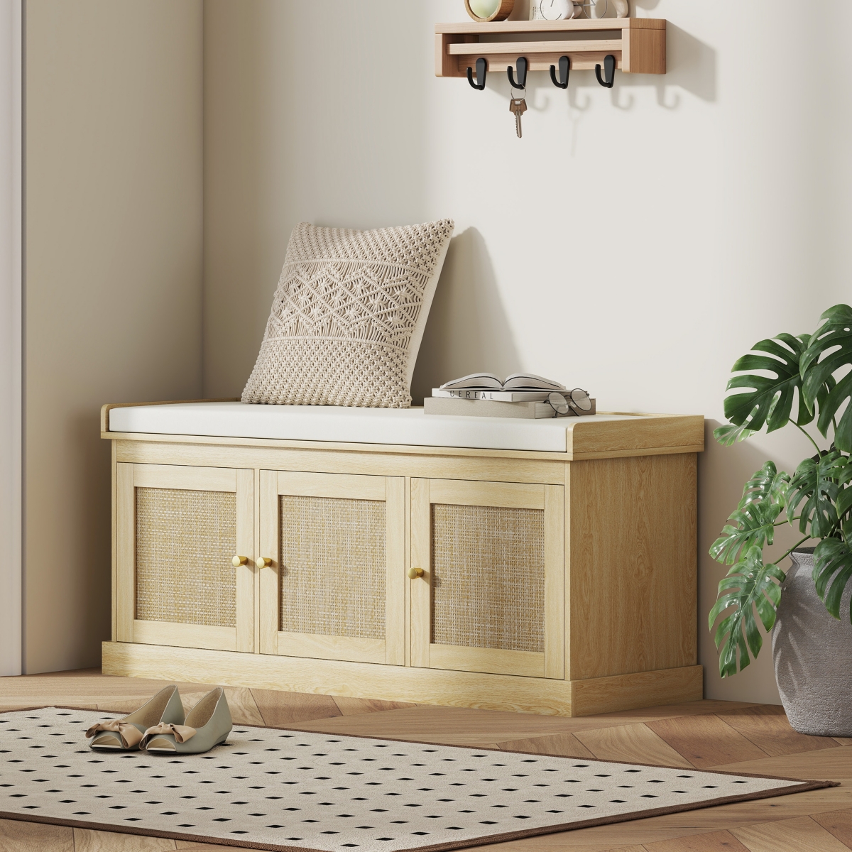 Homcom Shoe Bench with Rat Doors, Cushion, Entryway Storage,