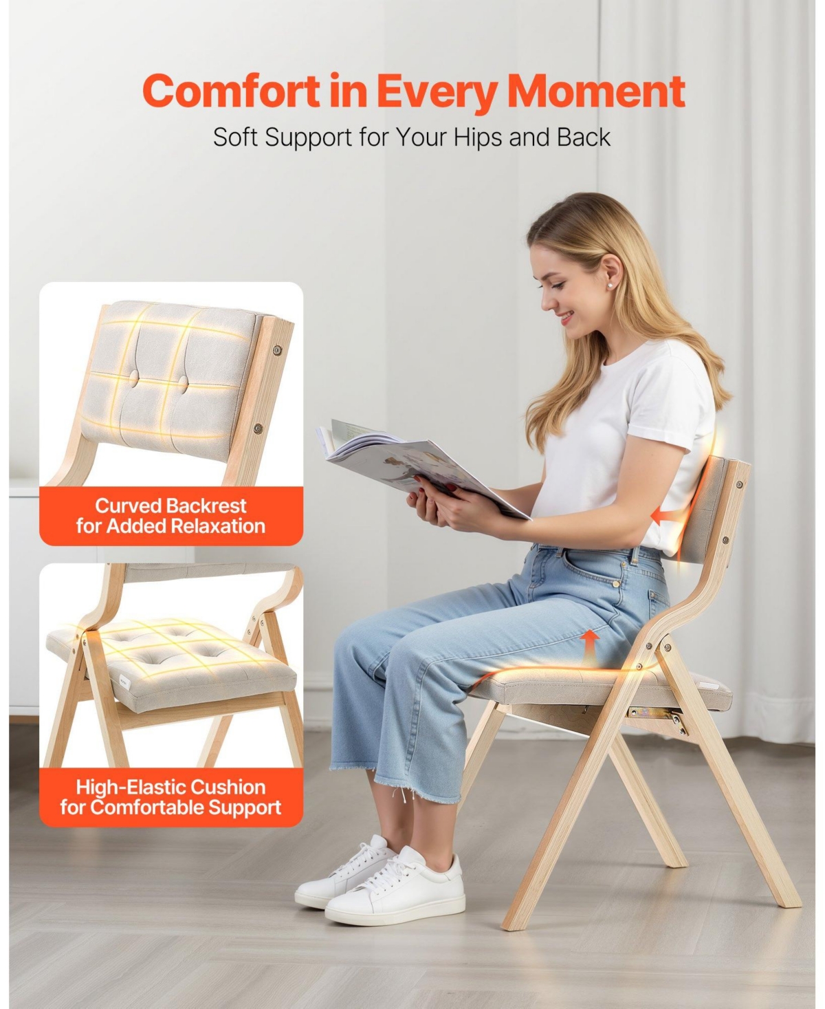 Slickblue Set of 2 Wooden Folding Chairs with Soft Padded Cushions