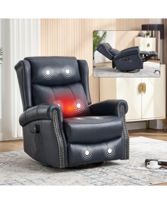 Genuine Leather Recliner Chair with Rocker and Swivel, Heat Massage for Living Room, Yellow