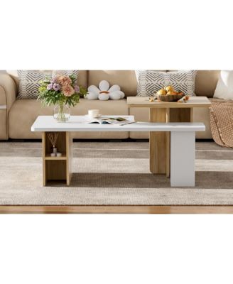 Set of 2 Farmhouse Rectangular Nesting Coffee Tables with Wood Finish for Living Room