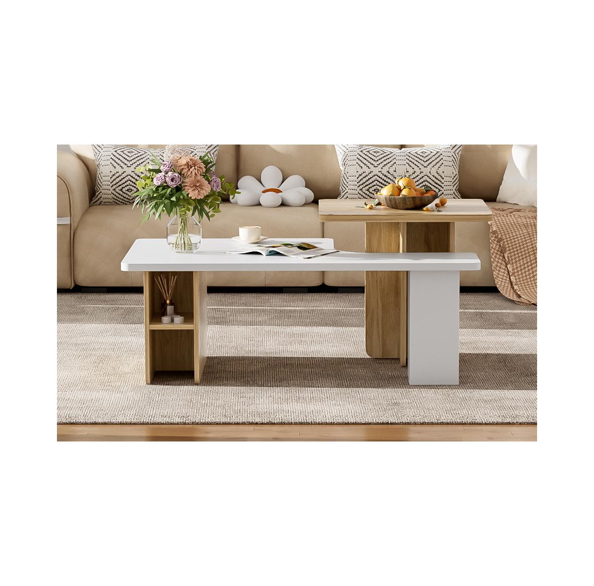 Lovmor Set of 2 Farmhouse Rectangular Nesting Coffee Tables with Wood Finish for Living Room
