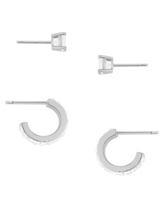 2-Pc. Cubic Zirconia 18k Silver Plated Hoop and Stud Earrings Set, Macy's Exclusive