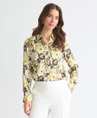 Women's Floral-Print Satin Button-Front Top, Regular & Petite