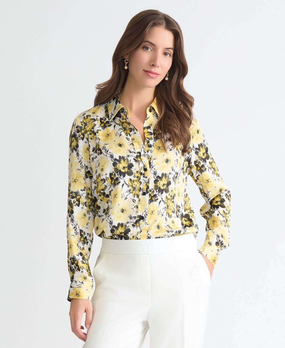 Kasper Women's Floral-Print Satin Button-Front Blouse, Regular & Petite