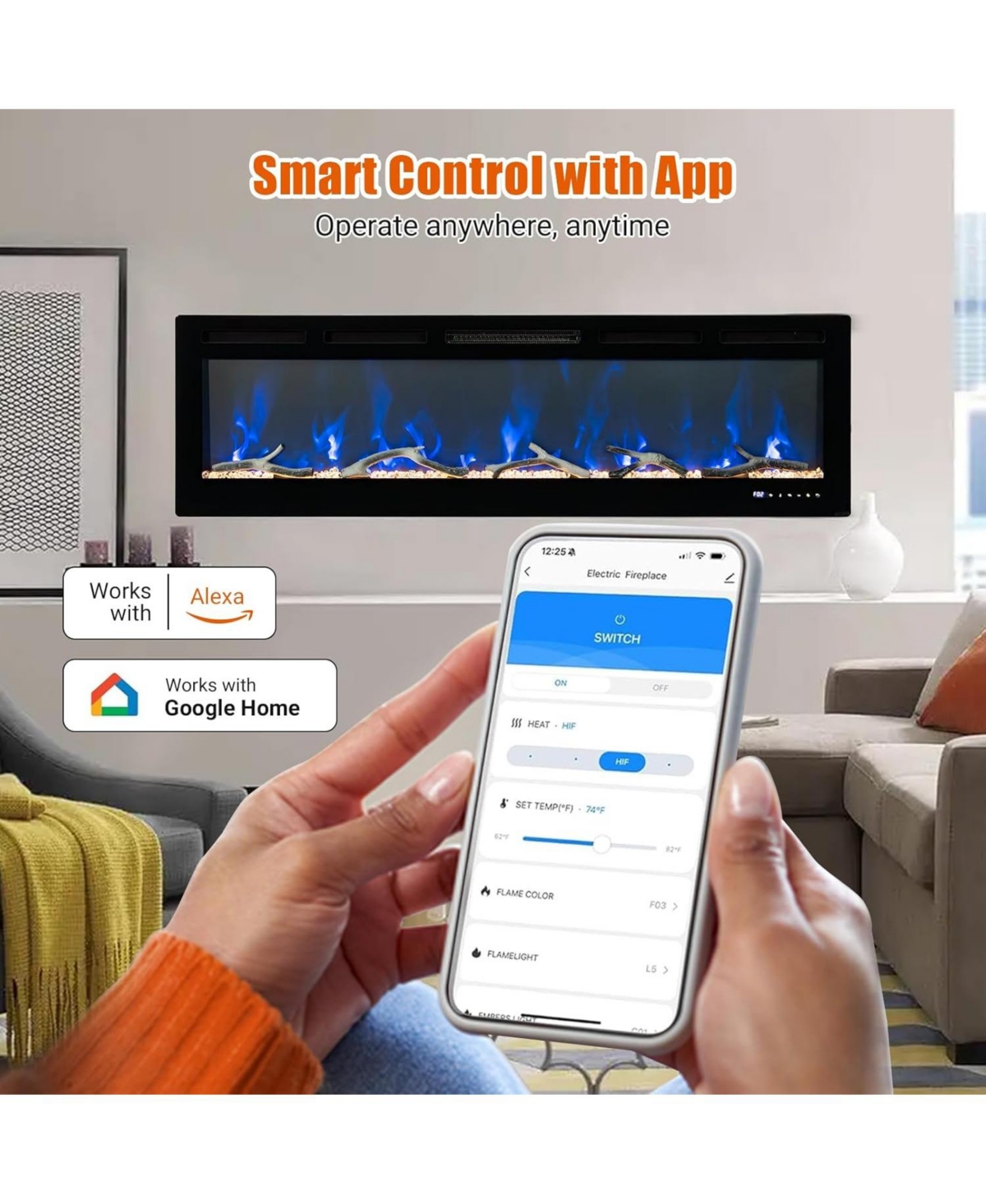 Gaomon 72" Recessed & Wall Mounted Electric Fireplace, Smart WiFi & Remote Control, Multicolor Flame, 750/1500W