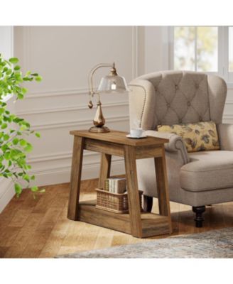 Wood End Table, Small Side Table with 2 Storage Shelves, Rustic Accent Narrow Nightstand for Living Room, Bedroom (1)