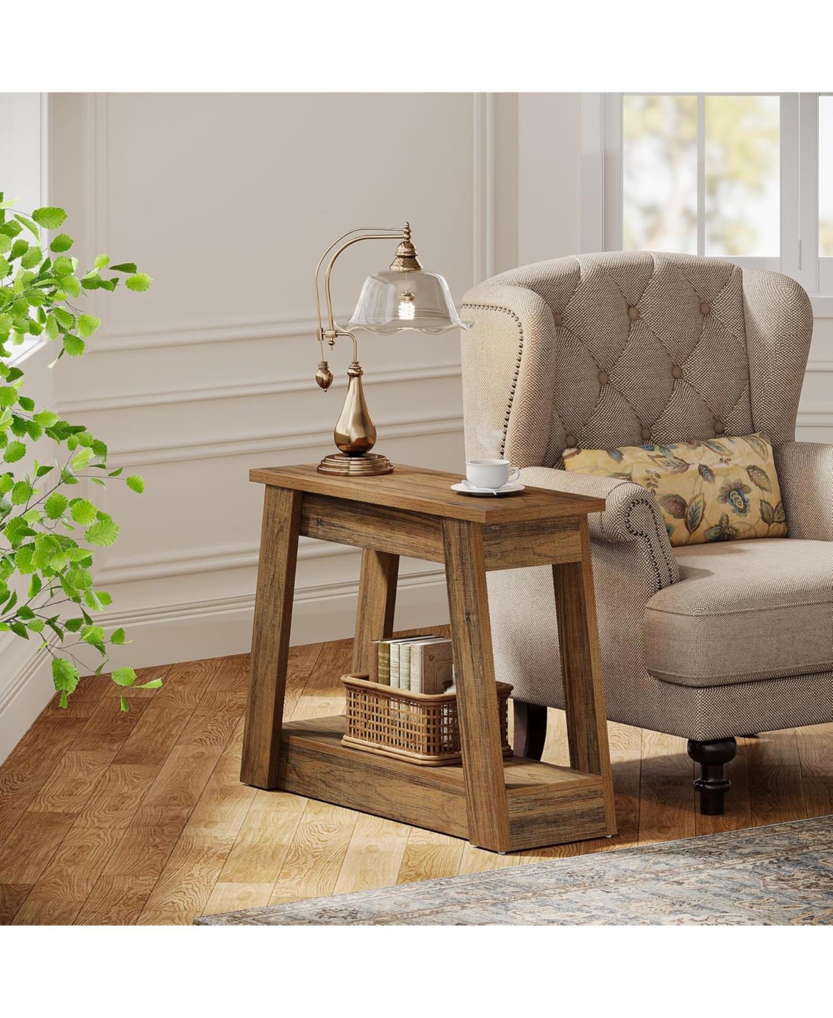 Tribesigns Wood End Table, Small Side Table with 2 Storage Shelves, Rustic Accent Narrow Nightstand for Living Room, Bedroom (1)