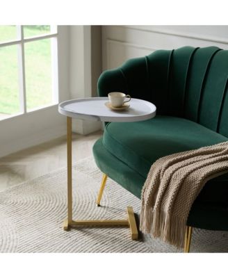 Wood and Gold Metal C-Shaped Side Table for Sofa, Snack or End Table