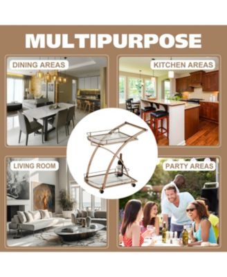 Gold Rolling Bar Cart with Glass Shelves & Wine Rack