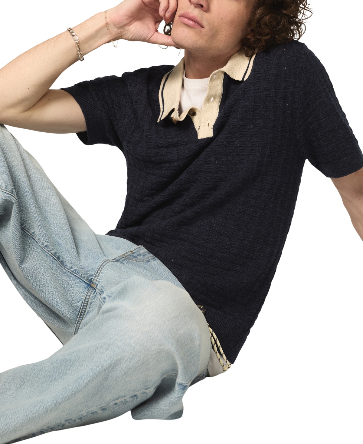 Lucky Brand Men's Contrast Tip 4-Buttons Placket Polo Sweater