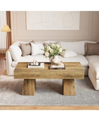 Farmhouse Coffee Table, 47 Inch Wooden Rectangular Center Table with Thick Base