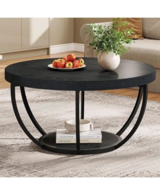 Round Coffee Table, Industrial 2-Tier Circle Coffee Table with Storage Shelves for Living Room, Home Office