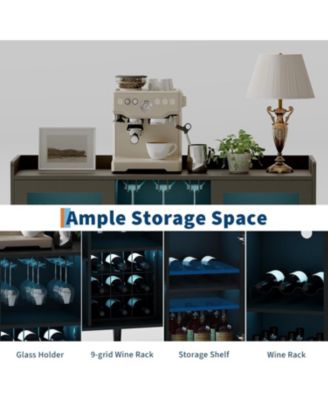 Freestanding Wine Bar Cabinet with Wine Rack and LED Light, Kitchen Sideboard and Buffet Cabinet Coffee Bar with Glass Holder, with Glass Door